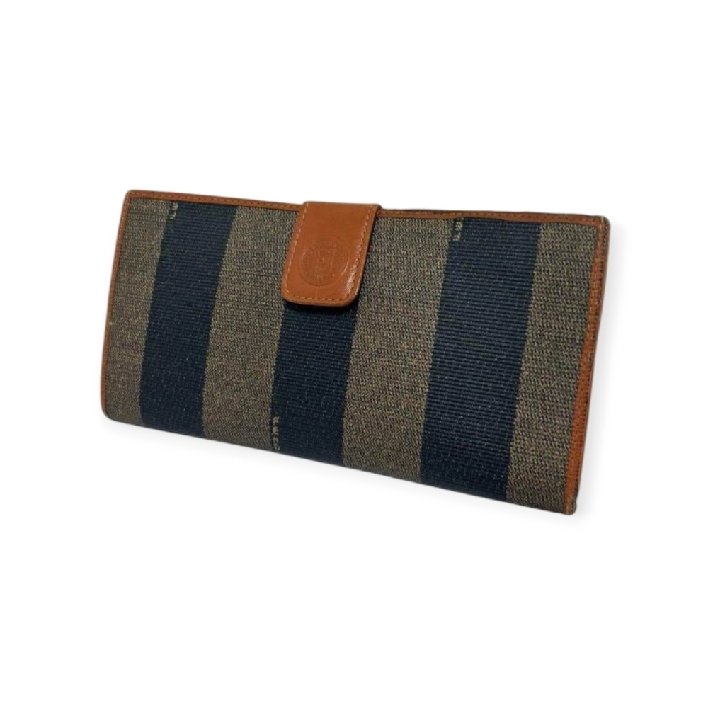 Fendi Pequin Stripe Canvas Leather Wallet Brown Navy Vintage COA - Picture 3 of 15